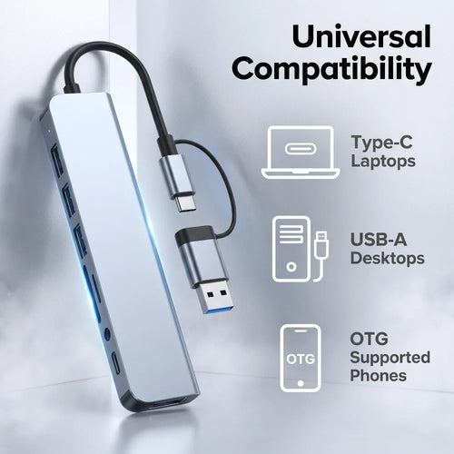 8 in 2 Type C USB HUB Docking Station with 3.5mm Audio Jack for Micro SD Card Reader MacBook Laptop Tablet Phone Disk Converter